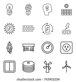 thin line icon set : bulb, head, sun power, battery, charge, infinity, spark plug, gas station, barometer, socket, switch, pancakes, windmill