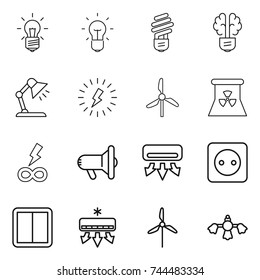 thin line icon set : bulb, brain, table lamp, lightning, windmill, nuclear power, infinity, megafon, air conditioning, socket, switch, hard reach place cleaning