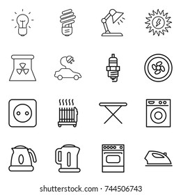 thin line icon set : bulb, table lamp, sun power, nuclear, electric car, spark plug, cooler fan, socket, radiator, iron board, washing machine, kettle, oven
