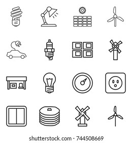 thin line icon set : bulb, table lamp, sun power, windmill, electric car, spark plug, panel house, gas station, barometer, socket, switch, pancakes