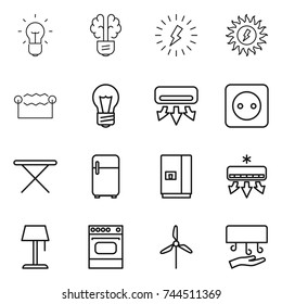 thin line icon set : bulb, brain, lightning, sun power, electrostatic, air conditioning, socket, iron board, fridge, floor lamp, oven, windmill, hand dryer