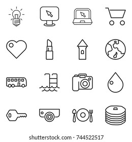 thin line icon set : bulb, monitor arrow, notebook, cart, heart, lipstick, tower, earth, bus, pool, camera, drop, key, surveillance, fork spoon plate, pancakes