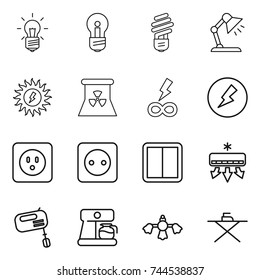 thin line icon set : bulb, table lamp, sun power, nuclear, infinity, electricity, socket, switch, air conditioning, mixer, coffee maker, hard reach place cleaning, iron board