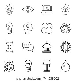 thin line icon set : bulb, eye, notebook, head, atom core, dna, discussion, goverment house, sun, disco ball, floor lamp, drop