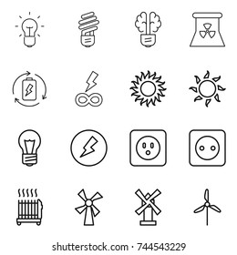 thin line icon set : bulb, brain, nuclear power, battery charge, infinity, sun, electricity, socket, radiator, windmill