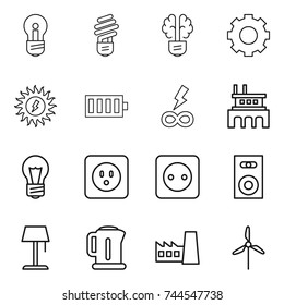 thin line icon set : bulb, brain, gear, sun power, battery, infinity, factory, socket, speaker, floor lamp, kettle, windmill