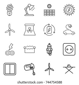 thin line icon set : bulb, table lamp, sun power, windmill, nuclear, battery charge, electric car, infinity, electrostatic, spark plug, socket, switch, mixer, iron board
