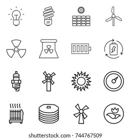 thin line icon set : bulb, sun power, windmill, nuclear, battery, charge, spark plug, barometer, radiator, pancakes, ecology