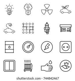 thin line icon set : bulb, brain, nuclear, eco car, electric, chip, spark plug, gas station, barrel, barometer, electricity, power socket, switch, radiator, hand drop, ecology