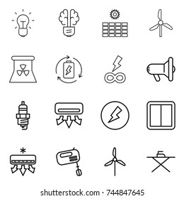 thin line icon set : bulb, brain, sun power, windmill, nuclear, battery charge, infinity, megafon, spark plug, air conditioning, electricity, switch, mixer, iron board