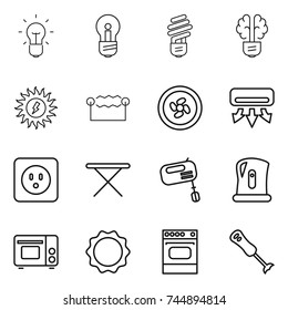 thin line icon set : bulb, brain, sun power, electrostatic, cooler fan, air conditioning, socket, iron board, mixer, kettle, grill oven, induction, blender