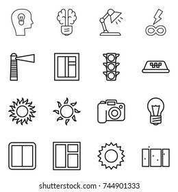 thin line icon set : bulb head, brain, table lamp, infinity power, lighthouse, window, traffic light, taxi, sun, camera, switch, clean