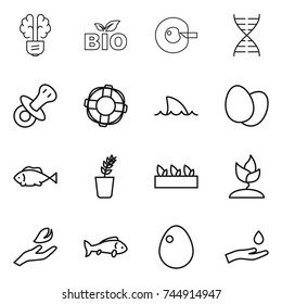 thin line icon set : bulb brain, bio, cell corection, dna, nipple, lifebuoy, shark flipper, eggs, fish, seedling, sprouting, hand leaf, egg, and drop