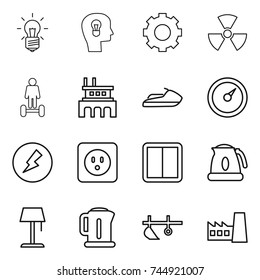 thin line icon set : bulb, head, gear, nuclear, hoverboard, factory, jet ski, barometer, electricity, power socket, switch, kettle, floor lamp, plow