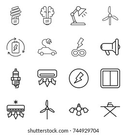 thin line icon set : bulb, brain, table lamp, windmill, battery charge, electric car, infinity power, megafon, spark plug, air conditioning, electricity, switch, hard reach place cleaning