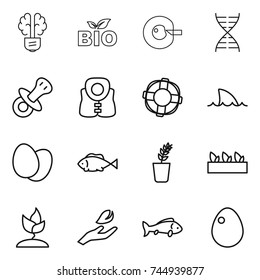 thin line icon set : bulb brain, bio, cell corection, dna, nipple, life vest, lifebuoy, shark flipper, eggs, fish, seedling, sprouting, hand leaf, egg