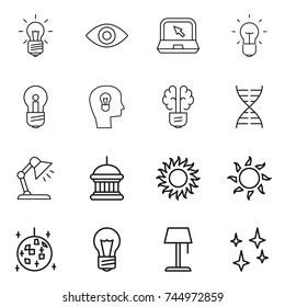 thin line icon set : bulb, eye, notebook, head, brain, dna, table lamp, goverment house, sun, disco ball, floor, shining