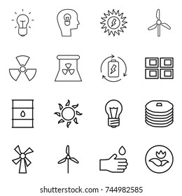 thin line icon set : bulb, head, sun power, windmill, nuclear, battery charge, panel house, barrel, pancakes, hand drop, ecology