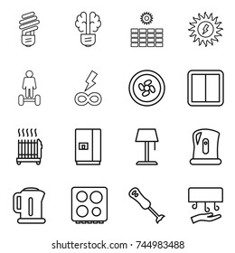thin line icon set : bulb, brain, sun power, hoverboard, infinity, cooler fan, switch, radiator, fridge, floor lamp, kettle, hob, blender, hand dryer