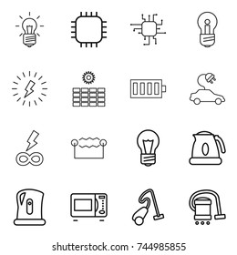 thin line icon set : bulb, chip, lightning, sun power, battery, electric car, infinity, electrostatic, kettle, microwave oven, vacuum cleaner