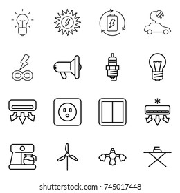 thin line icon set : bulb, sun power, battery charge, electric car, infinity, megafon, spark plug, air conditioning, socket, switch, coffee maker, windmill, hard reach place cleaning, iron board