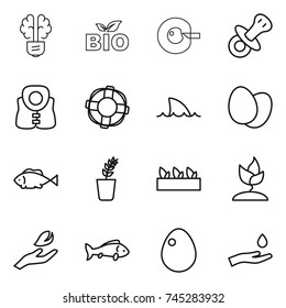 thin line icon set : bulb brain, bio, cell corection, nipple, life vest, lifebuoy, shark flipper, eggs, fish, seedling, sprouting, hand leaf, egg, and drop