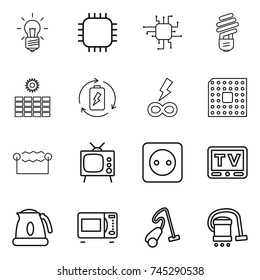 thin line icon set : bulb, chip, sun power, battery charge, infinity, cpu, electrostatic, tv, socket, kettle, microwave oven, vacuum cleaner