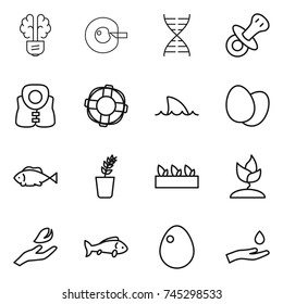 thin line icon set : bulb brain, cell corection, dna, nipple, life vest, lifebuoy, shark flipper, eggs, fish, seedling, sprouting, hand leaf, egg, and drop