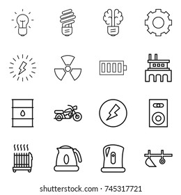 thin line icon set : bulb, brain, gear, lightning, nuclear, battery, factory, barrel, motorcycle, electricity, speaker, radiator, kettle, plow