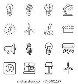 thin line icon set : bulb, brain, table lamp, lightning, windmill, infinity power, electrostatic, megafon, spark plug, air conditioning, socket, coffee maker, floor