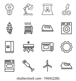 thin line icon set : bulb brain, table lamp, nuclear power, infinity, spark plug, radiator, iron, washing machine, fridge, air conditioning, grill oven, induction, blender, windmill