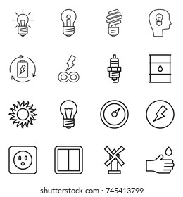 thin line icon set : bulb, head, battery charge, infinity power, spark plug, barrel, sun, barometer, electricity, socket, switch, windmill, hand drop