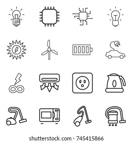 thin line icon set : bulb, chip, sun power, windmill, battery, electric car, infinity, air conditioning, socket, kettle, vacuum cleaner, microwave oven