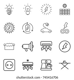 thin line icon set : bulb, lightning, sun power, battery charge, electric car, infinity, electrostatic, megafon, air conditioning, electricity, socket, coffee maker, iron board