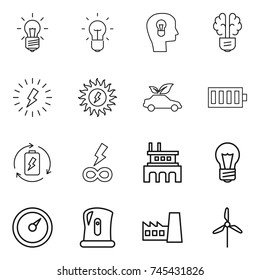 thin line icon set : bulb, head, brain, lightning, sun power, eco car, battery, charge, infinity, factory, barometer, kettle, windmill