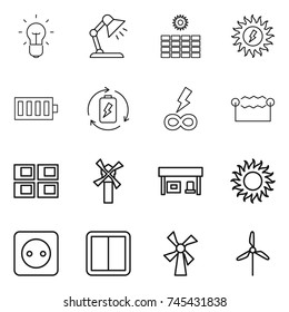 thin line icon set : bulb, table lamp, sun power, battery, charge, infinity, electrostatic, panel house, windmill, gas station, socket, switch