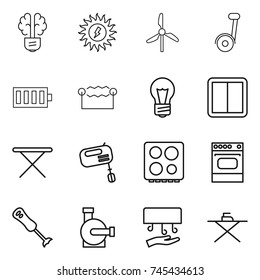 thin line icon set : bulb brain, sun power, windmill, battery, electrostatic, switch, iron board, mixer, hob, oven, blender, water pump, hand dryer