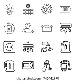 thin line icon set : bulb, sun power, battery, charge, electric car, electrostatic, air conditioning, socket, vacuum cleaner, kettle, microwave oven