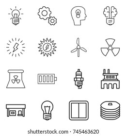 thin line icon set : bulb, gear, head, brain, lightning, sun power, windmill, nuclear, battery, spark plug, factory, gas station, switch, pancakes