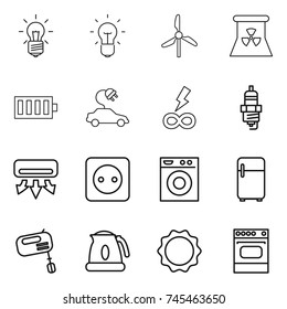 thin line icon set : bulb, windmill, nuclear power, battery, electric car, infinity, spark plug, air conditioning, socket, washing machine, fridge, mixer, kettle, induction oven