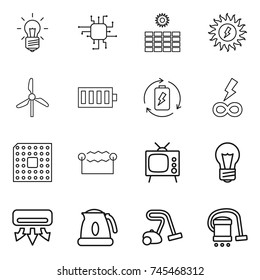 thin line icon set : bulb, chip, sun power, windmill, battery, charge, infinity, cpu, electrostatic, tv, air conditioning, kettle, vacuum cleaner