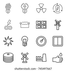 thin line icon set : bulb, brain, nuclear, battery charge, infinity power, electrostatic, panel house, windmill, sun, barometer, switch, pancakes, factory, hand drop