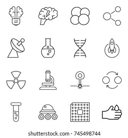 thin line icon set : bulb brain, atom core, molecule, satellite antenna, round flask, dna, rocket, nuclear, microscope, laser, quantum bond, vial, lunar rover, cpu, acid