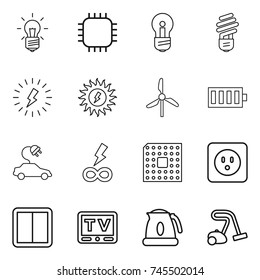 thin line icon set : bulb, chip, lightning, sun power, windmill, battery, electric car, infinity, cpu, socket, switch, tv, kettle, vacuum cleaner