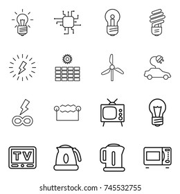 thin line icon set : bulb, chip, lightning, sun power, windmill, electric car, infinity, electrostatic, tv, kettle, microwave oven