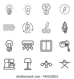 thin line icon set : bulb, brain, lightning, battery, charge, infinity power, spark plug, air conditioning, switch, mixer, coffee maker, floor lamp, hard reach place cleaning, iron board