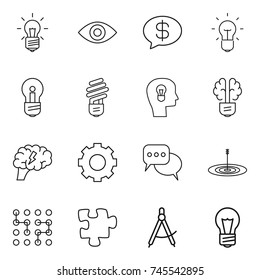thin line icon set : bulb, eye, money message, head, brain, gear, discussion, target, chip, puzzle, draw compass