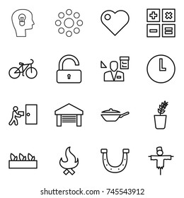 thin line icon set : bulb head, round around, heart, calculator, bike, unlock, architector, clock, courier delivery, garage, pan, seedling, fire, horseshoe, scarecrow