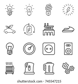 thin line icon set : bulb, lightning, eco car, battery charge, factory, jet ski, barometer, power socket, speaker, radiator, kettle, gears