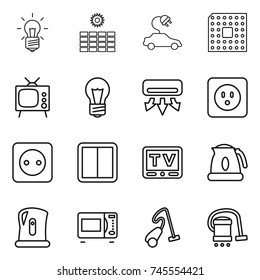 thin line icon set : bulb, sun power, electric car, cpu, tv, air conditioning, socket, switch, kettle, microwave oven, vacuum cleaner